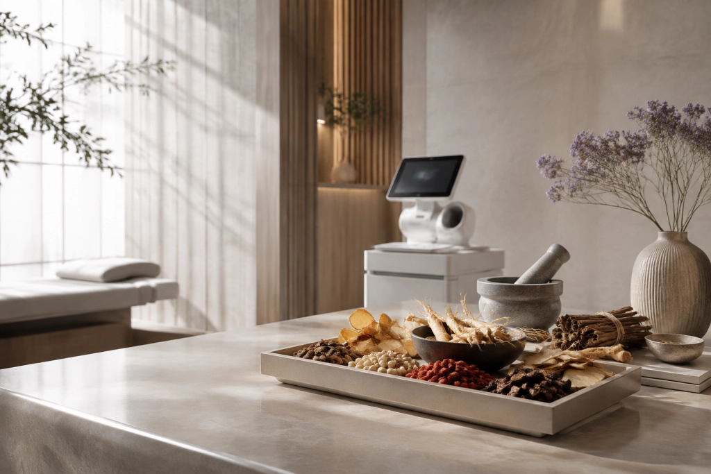 Traditional Chinese medicine and modern AI health technology in a calm wellness setting