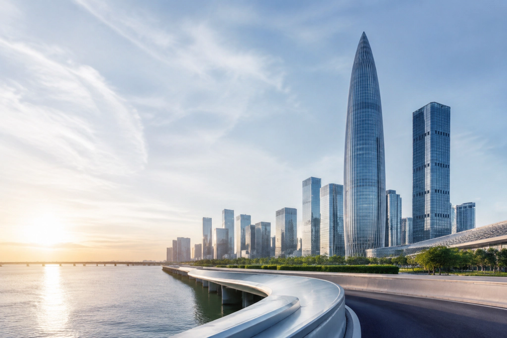 A bright, minimal Shenzhen skyline representing a global AI health vision