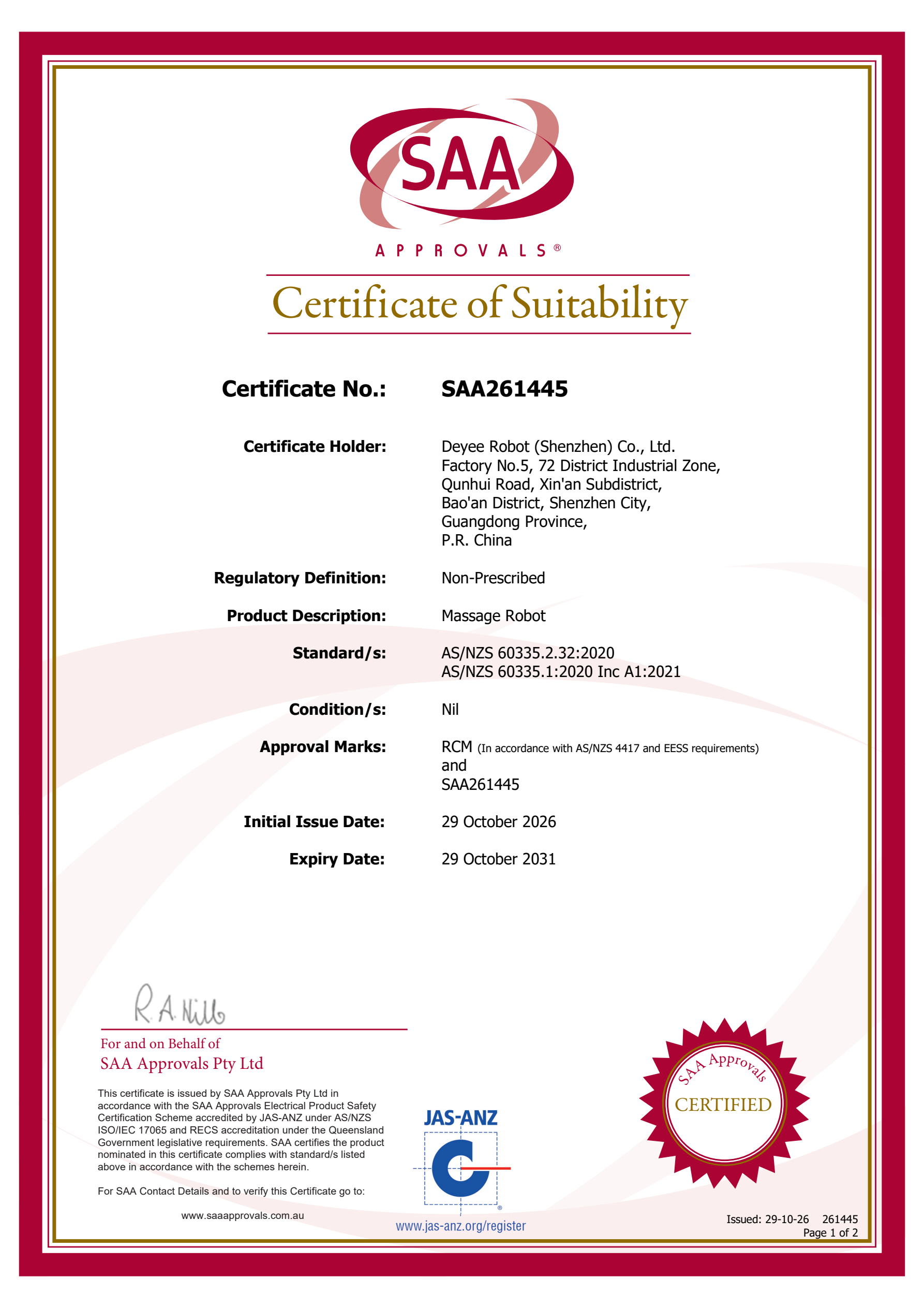 SAA Certification for Comfortable Massage Robot