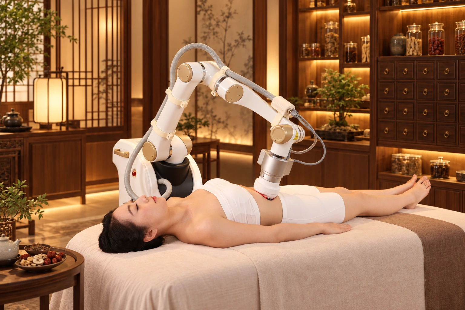AI moxibustion robot in a modern TCM wellness center